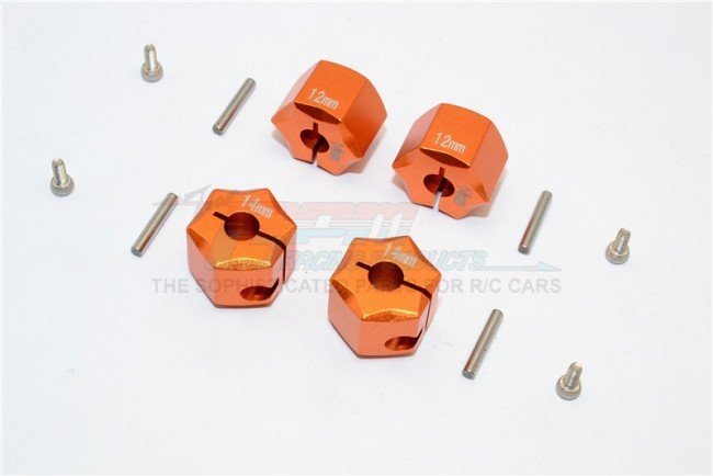 Gmade R1 Rock Buggy Aluminum Hex Adapters (12mm X 7mm) - 4-Piece Orange Upgrade Set For RC Crawlers