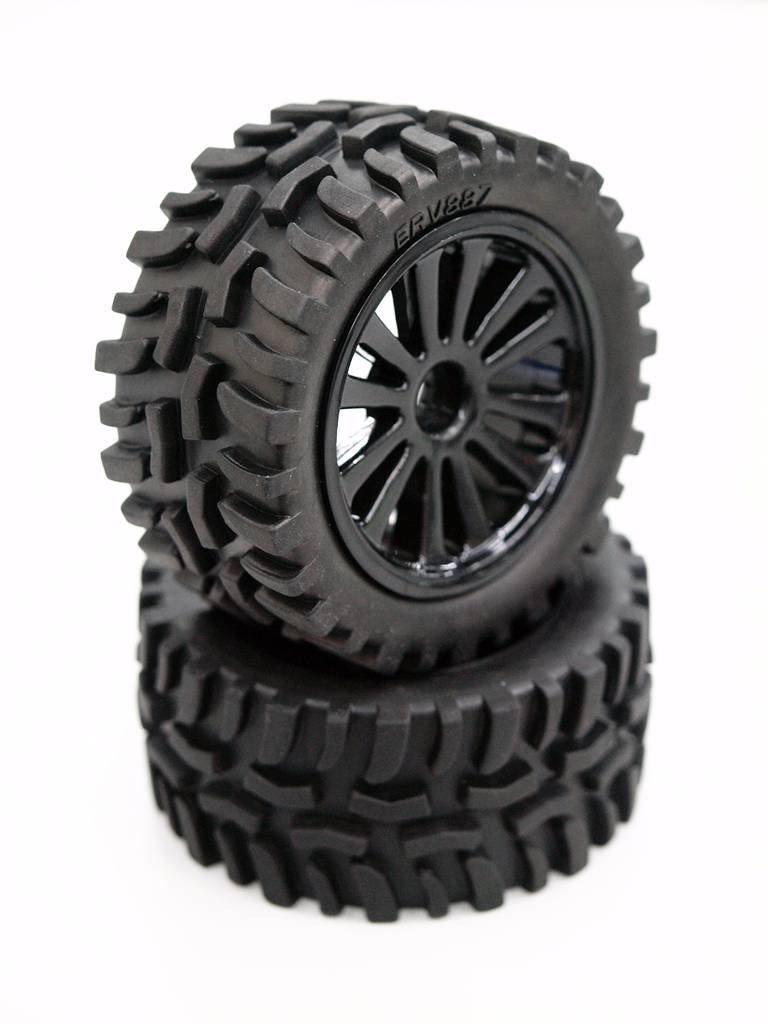 TRAXXAS 1:16 Mini E-REVO Front/Rear Rubber Radial Tire With Insert (40g) (Offroad Dirt Hawg Pattern) + Chrome Plastic Front/Rear Flat Vacuum Rims (6 Poles) - 1pr - GPM PERV0611F/R/887